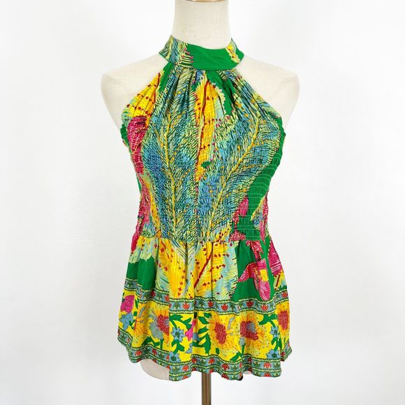 Cynthia Rowley Tops - Cynthia Rowley Colorful Halter Top Green Yellow Floral Small Smocked